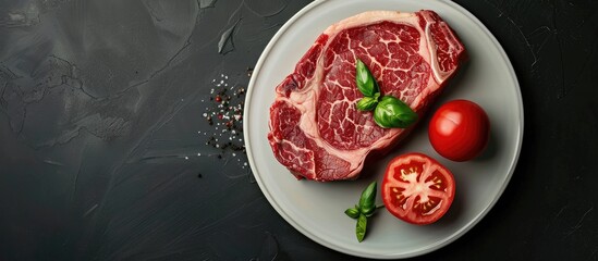 Fototapete - Grilled ribeye steak marbled ribeye beef on a plate with a tomato Black background Top view Copy space