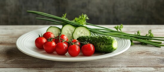 Poster - White plate with fresh vegetables on a wooden table Two cucumbers red cherry tomatoes green cracked tomato with vertical splits and green chives Healthy food side view copy space