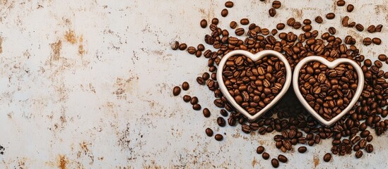 Aufkleber - Two heart shapes filled with coffee cups on a surface covered in coffee beans. with copy space image. Place for adding text or design