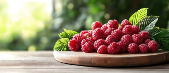 Fototapete - A heap of fresh juicy raspberries on a wooden board copy space