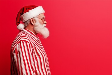 cool Santa Claus wearing a red and white striped suit on a red solid color background