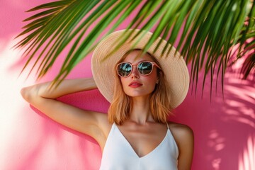 Poster - A woman wearing a hat and sunglasses poses for the camera, with a neutral expression