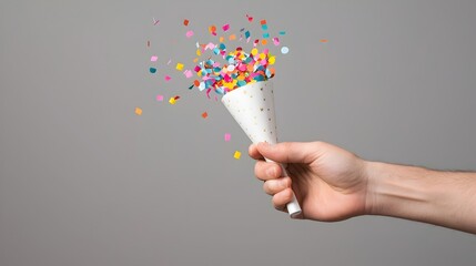 Close up of Hand Holding Festive Party Popper with Colorful Confetti Ready to Celebrate