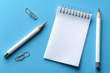 A notebook with a pencil and two binder clips on top of it