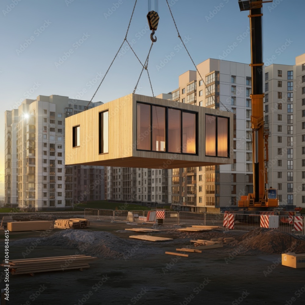 Construction site at sunset, modular building unit being lifted by ...