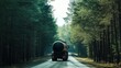 © Chatchanan - An oil tanker truck driving through a dense forest area, with tall trees lining the road.