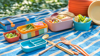 bright cheerful picnic spread with colorful tableware including bento boxes and chopsticks for outdo