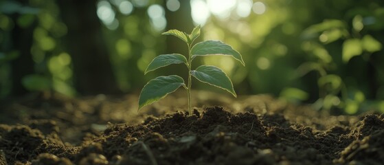 Close-up of a young green plant sprouting from rich soil, illuminated by soft sunlight filtering through trees, symbolizing growth and new beginnings.