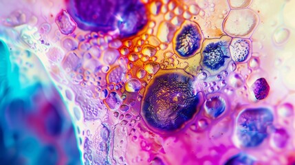 Poster - A close-up of a human cell under a microscope with vibrant colors, macro shot, Minimalist style