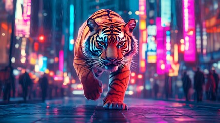 26102154 01 A vibrant 3D-rendered image of a tiger appearing to leap out from a digital billboard creating a dynamic scene in a bustling city