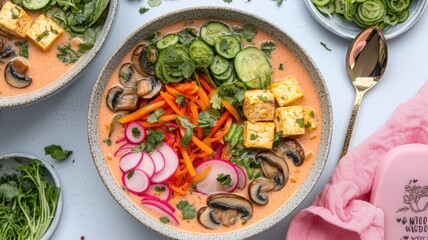 A vibrant bowl of vegetable ramen, topped with tofu, fresh greens, and colorful veggies in a savory broth, perfect for a healthy meal.