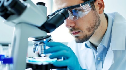 Aufkleber - A close-up of a medical researcher examining a petri dish under a microscope with focus on the specimen and lab equipment, set against a bright, organized laboratory environment