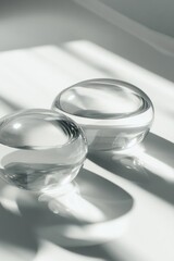 Two clear glass spheres are sitting on a white surface, reflecting the light and creating a sense of depth