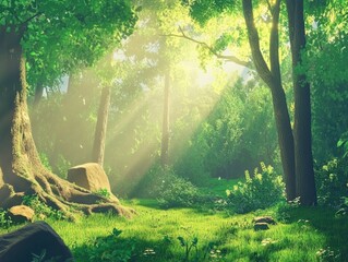 Sticker - Forest with a large tree in the foreground and a rock in the background. The sun is shining through the trees, creating a peaceful and serene atmosphere