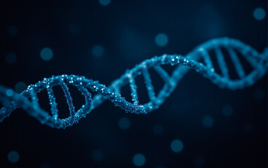 Close-up of a section of DNA helix in imaginary space on a dark background.