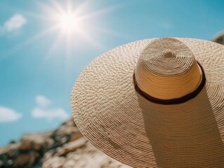 Straw hat is sitting on a rock in the sun. The hat is large and has a brown band around the base. The sun is shining brightly, creating a warm and inviting atmosphere