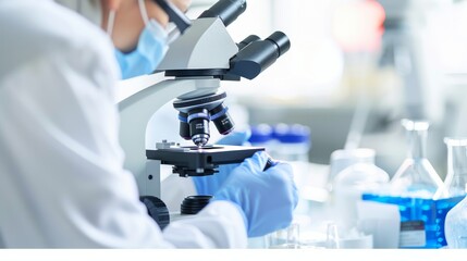 Poster - A close-up of a medical researcher using a microscope to examine cell samples with focus on the equipment and sample slides, set against a clean, bright laboratory environment