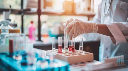 Aufkleber - A close-up of a medical researcher��s hands working with test tubes and lab equipment, with a clean, bright laboratory background