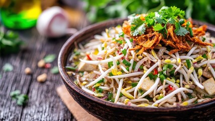 A vibrant dish of salad with bean sprouts, herbs, and crispy toppings, beautifully presented in a dark bowl against a rustic wooden backdrop.