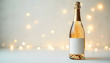 Champagne bottle with blank label for copy space on a white bokeh sparkle celebration anniversary wedding party background