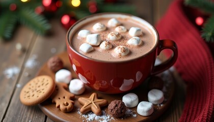 Wall Mural -  Cozy Christmas treat  Marshmallowtopped hot chocolate with festive cookies