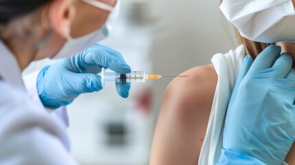 Wall Mural - A close-up of a nurse administering a vaccination with a clear focus on the syringe and injection site, set against a neutral, clinical background