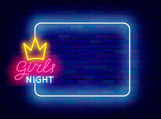 Girls night neon advertising. Night club party with free enter for ladies. Empty white frame. Romantic holiday party. Copy space. Editable stroke. Vector stock illustration