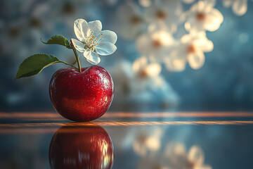 A red apple with a leaf on top is sitting on a table