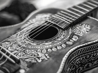 Guitar with a floral design on it. The design is intricate and detailed, and the guitar is black and white. Scene is artistic and creative, as the guitar is not just a functional instrument