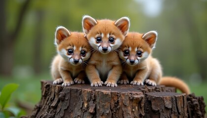 Canvas Print -  Three adorable fox cubs on a log