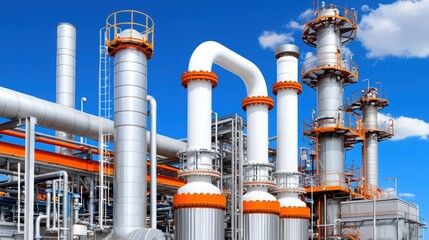 Industrial pipeline system against a bright blue sky, showcasing modern manufacturing technology and engineering design.