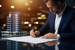 © vefimov - Man in a suit is writing on a piece of paper. He is wearing a blue suit and white shirt. Concept of professionalism and focus, as the man is likely working on a project or document