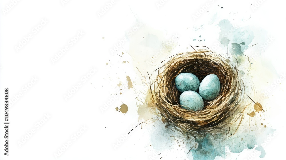 A whimsical watercolor of a small bird nest with three tiny eggs ...