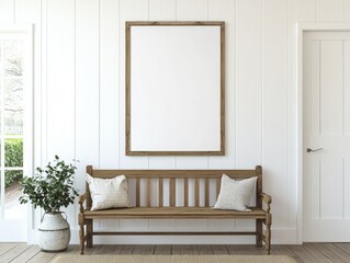 Wooden bench with a white frame and two pillows sits in front of a white door. The bench is empty and the room is very clean and simple