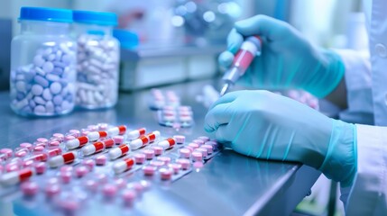 Aufkleber - A close-up of a pharmaceutical lab technician preparing a custom medication dose, with focus on the medication and lab equipment, set against a bright