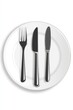 © vefimov - White plate with a fork, knife and spoon on it. The plate is set on a white background