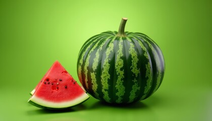 Wall Mural -  Fresh Watermelon Slice and Whole Fruit on Green Background