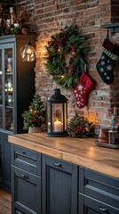 Wall Mural - Cozy holiday kitchen decor featuring wreaths, stockings, and candlelight in a rustic setting