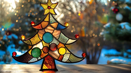 Wall Mural - Stained glass Christmas tree with colorful patterns in a blurred outdoor background. Concept of artistic holiday decor. Christmas