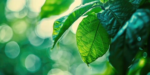 Sticker - Leafy green plant with a leafy green leaf. The leaf is wet and the background is blurry