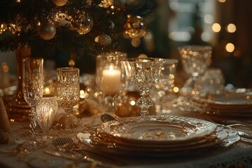 New Year's decorations depicted on a table, including glittering candles, sparkling confetti, and elegant champagne glasses.