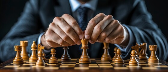 Strategic mind businessman in suit engages in chess match, showcasing the power of thoughtful planning and decision-making