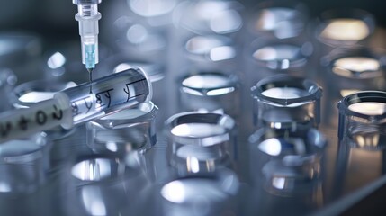 Poster - A close-up of a syringe with a clear, labeled medication vial, set on a sterile tray with soft lighting