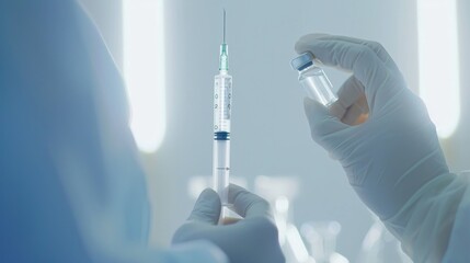 Poster - A close-up of a vaccine syringe being prepared by a healthcare worker with a focus on the syringe and vial, set against a bright, sterile environment