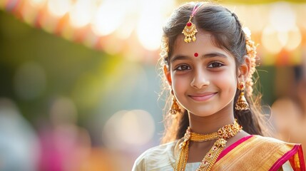 A candid moment of an Indian student participating in a cultural event at school, dressed in traditional attire