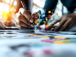 Hand writing with pen surrounded by floating data visualizations and charts in a modern workspace