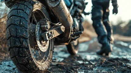 A close-up of a damaged motorcycle and protective gear after an accident, emphasizing safety gear importance