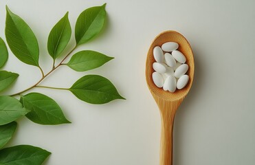 Poster - White capsules placed on a wooden spoon alongside green leaves against a plain background