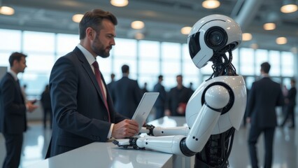 Humanoid robot interacting with businessman on tablet in modern office, symbolizing AI collaboration and futuristic technology in business settings, bright background, horizontal. defocus