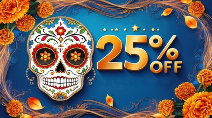 25% off logo, adorned with a colorful and ornate sugar skull, set against a vibrant blue and orange 